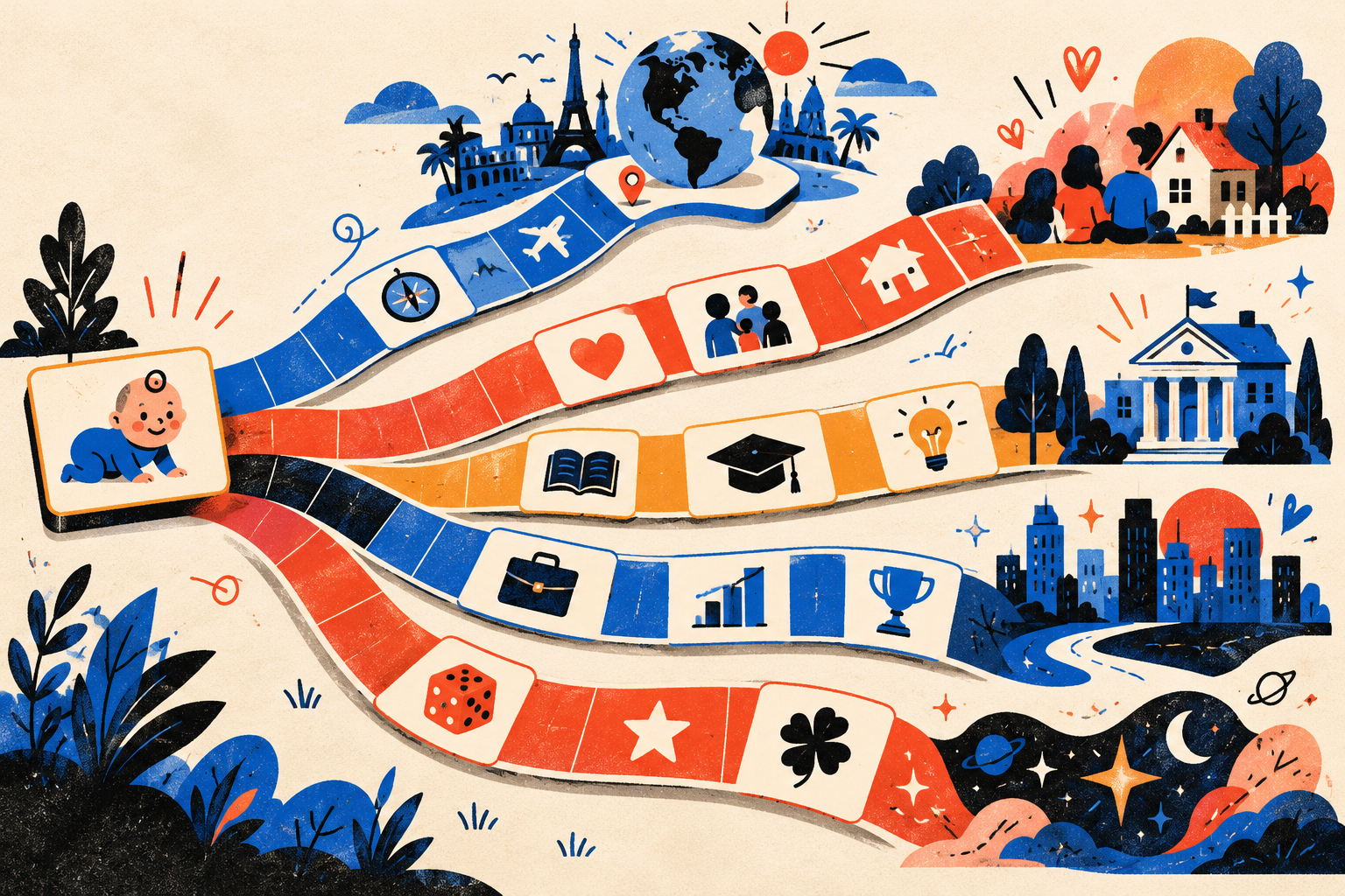 A branching set of story cards for country, family, education, and luck