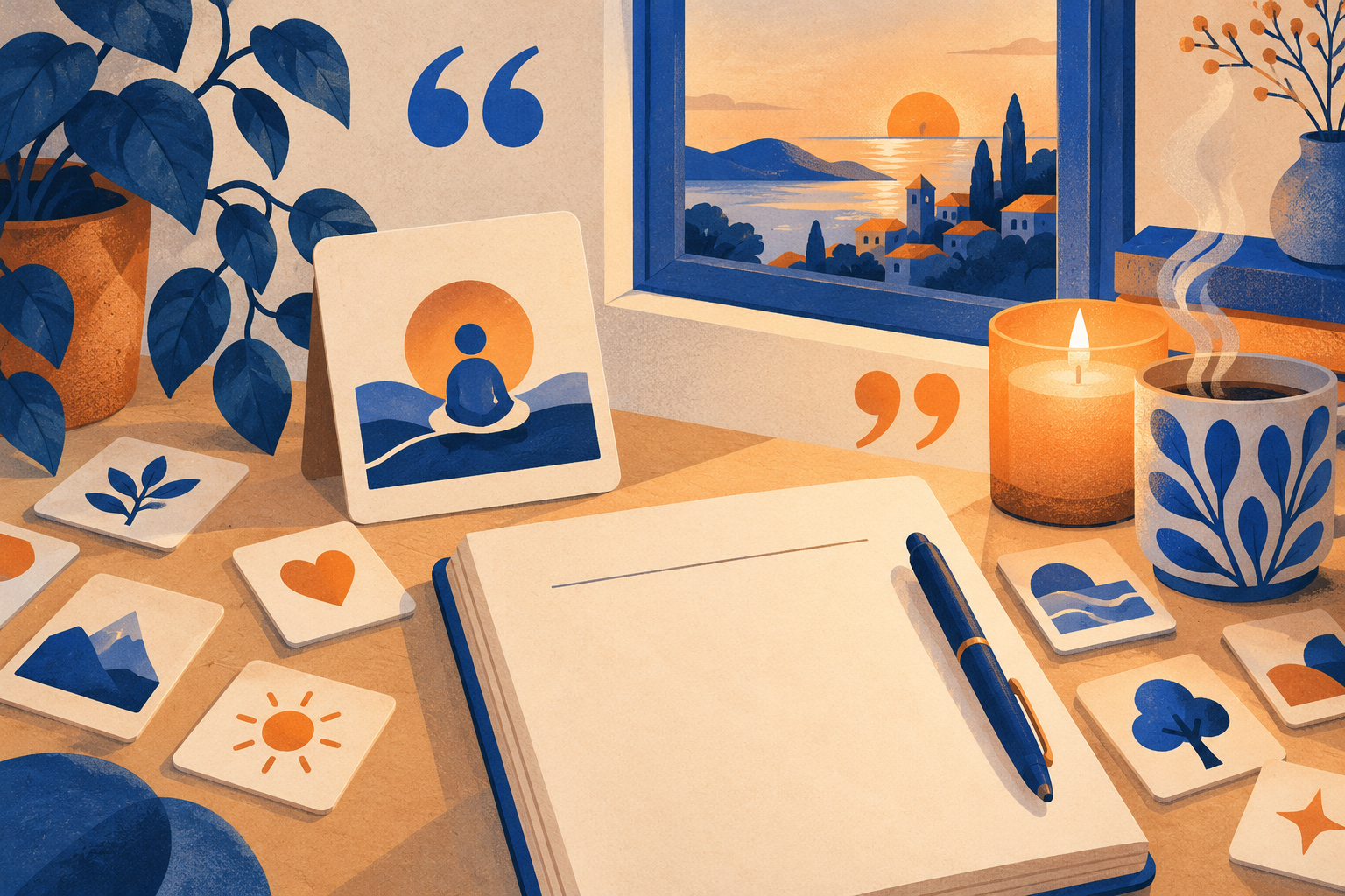 A quiet pause card, blank journal line, quotation marks, and a candle by a window