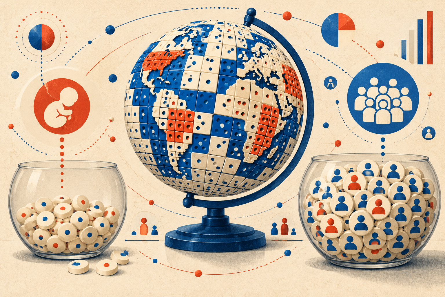 A globe made from letter tiles between two bowls representing newborn births and current population