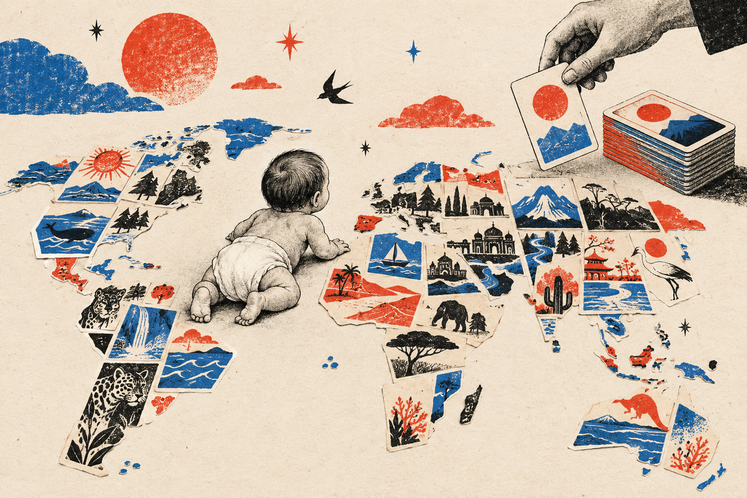 A hand drawing one anonymous birth card from a deck over a paper world map.