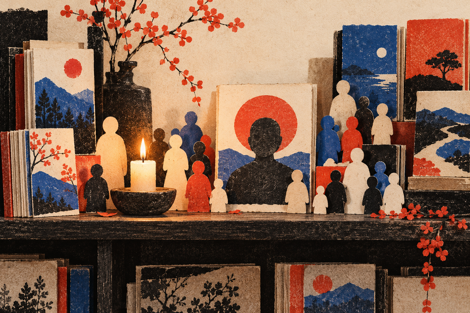 A quiet memory shelf with anonymous paper books, a single candle and small human-shaped tokens.