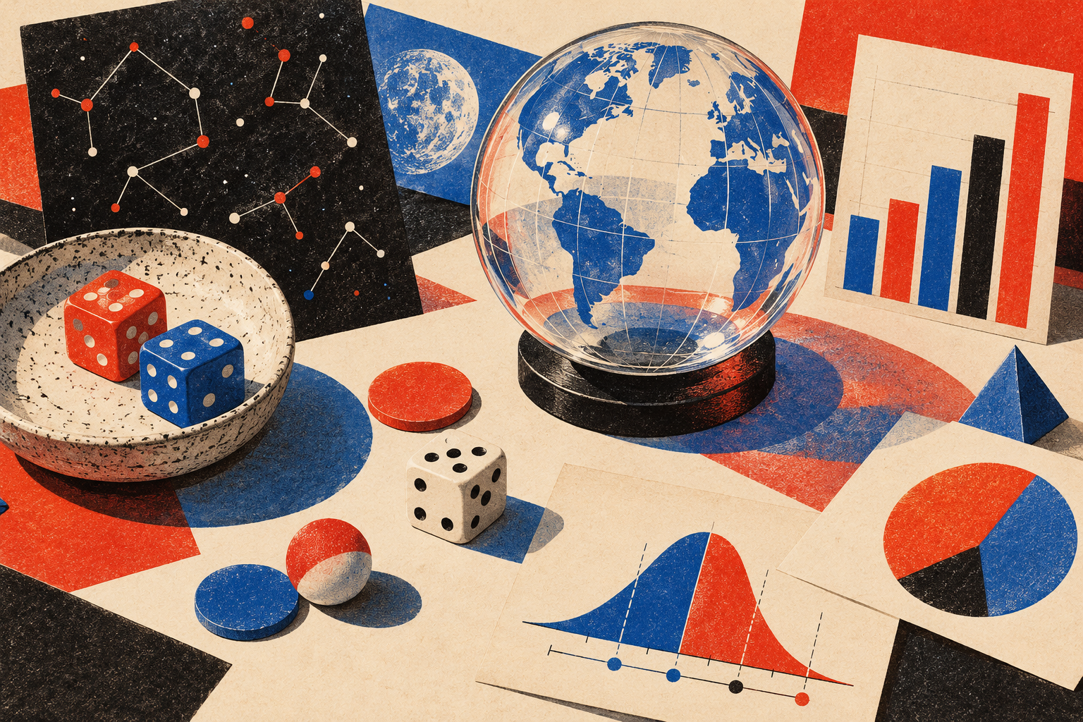 A tabletop collage of probability dots, a globe, a die and an abstract chart, with no readable labels.